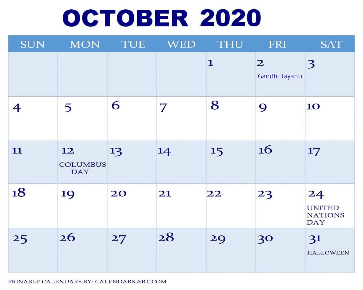 Printable October 2020 Calendar with Holidays