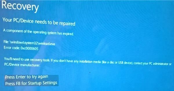 How to Fix Your PC/Device needs to be repaired Error code: 0xc0000605?